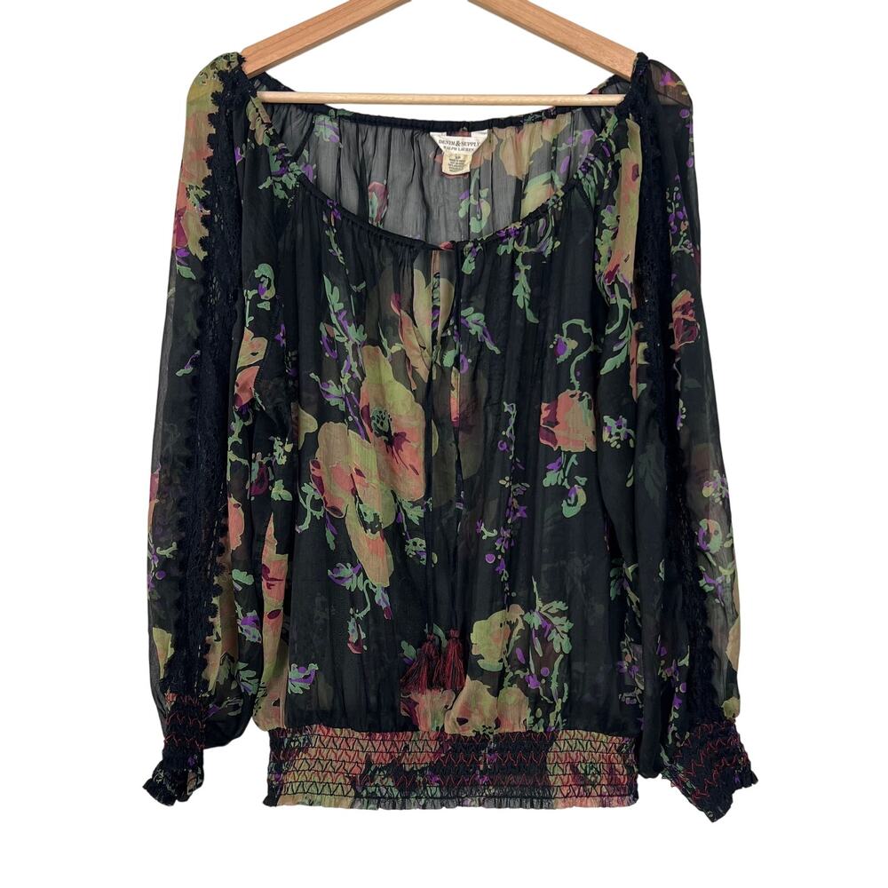 Denim & Supply Ralph Lauren Sz Small Sheer Black Floral Long Sleeve Peasant Top
